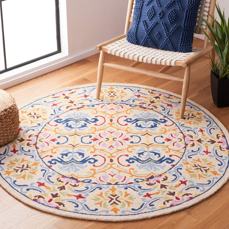 Maxcine Hand Tufted Wool/Cotton Damask Rug in Blue/Yellow/Pink, Round 5'