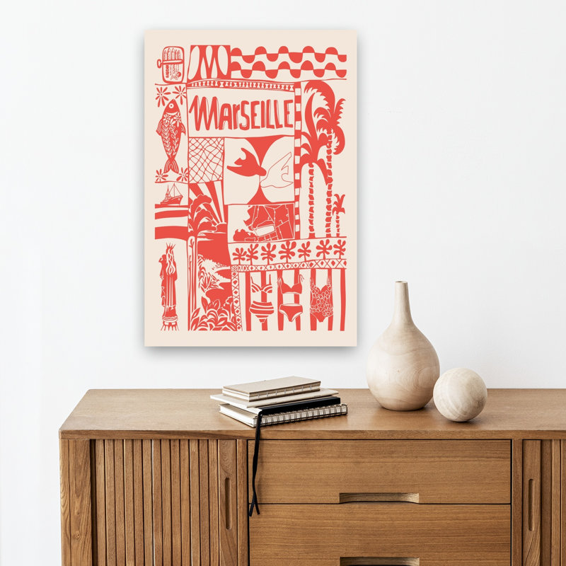 Marseille Summer Vacation Abstract Palm Tree Fish Architecture Beach Wall Art Print 1 Piece Wrapped Canvas Wall Art