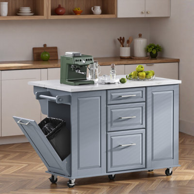 Îlot de cuisine roulant avec rangement Armoire pour poubelle inclinable, organisateur d'armoire coulissant, abattant, 2 tiroirs, 1 armoire et 5 roulettes