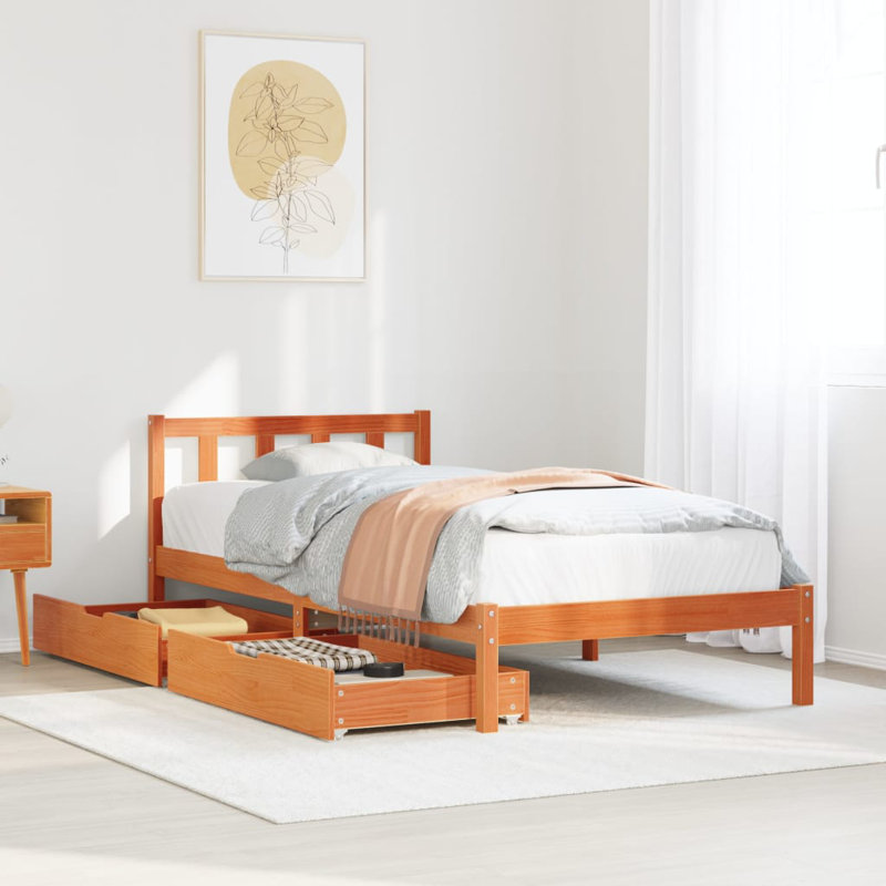Solid Wood Storage Bed, 100 x 200cm, Wax Brown