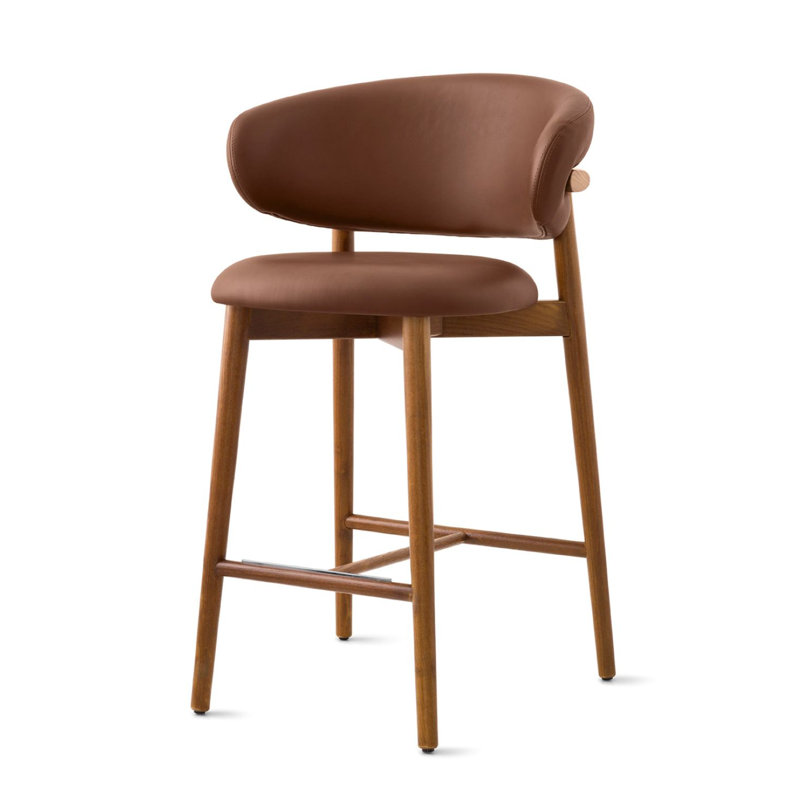 Tabouret rembourré Oleandro avec dossier arrondi et base en bois, Noir mat, Tabac