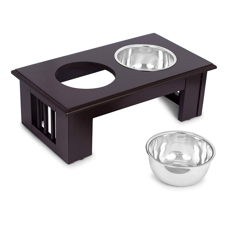 Espresso Wood Elevated Pet Feeder with Stainless Steel Bowls