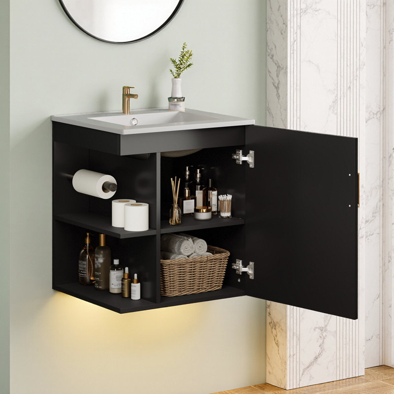 Meuble-lavabo mural noir avec lavabo et rangement latéral - Porte à fermeture douce, design moderne, Noir