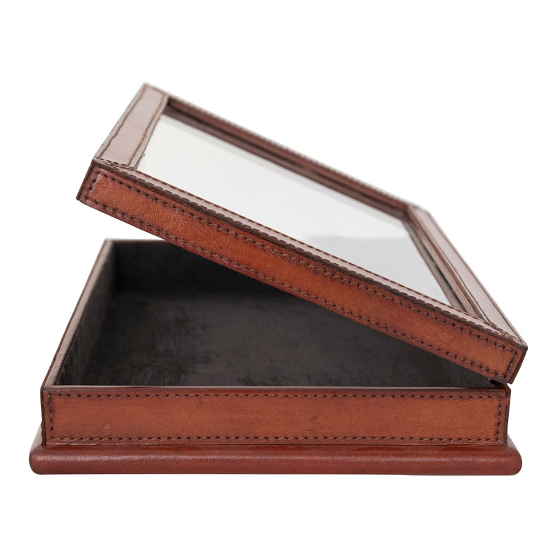 Boîte décorative faite à la main en cuir et bois avec couvercle en verre