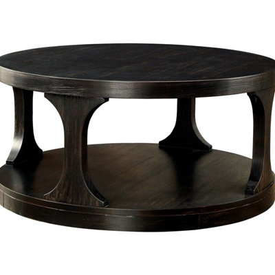 36-Inch Wide 18-Inch High Round Solid Wood Coffee Table In Transitional Style Featuring Antique Black Finish And Extra Storage Tall Diameter Shelf