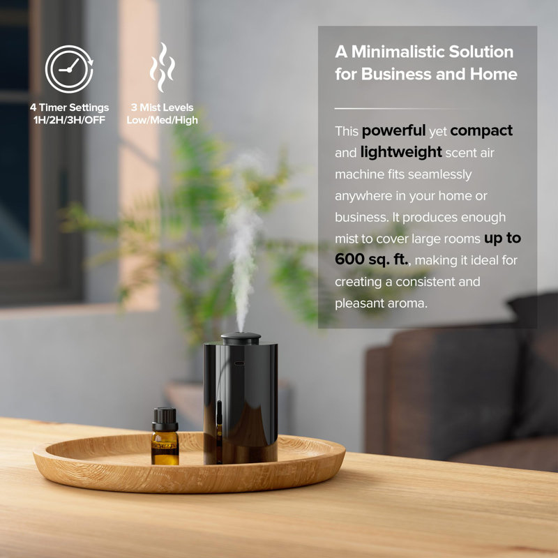 Waterless Essential Oil Nebulizing Diffuser, Battery Operated, 600 sq.ft., 3 Mist Levels, 1-3h Timer, Black