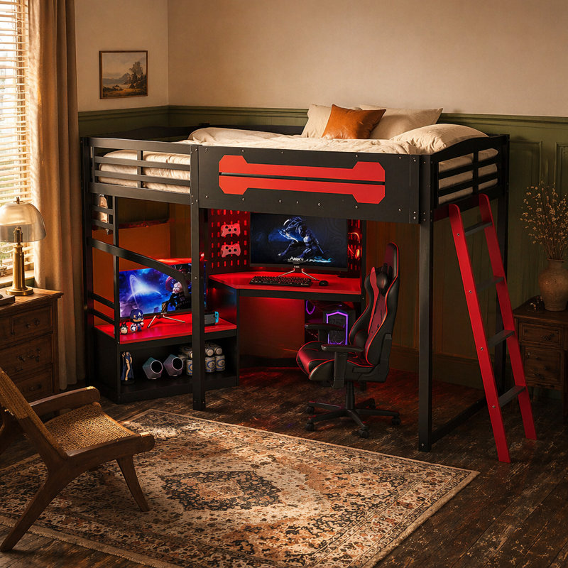 Lit mezzanine double en bois avec bureau, tablettes, lumières DEL, ports USB et panneau perforé, noir et rouge