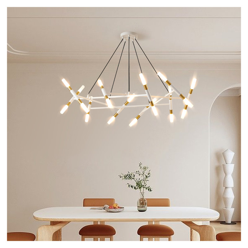 41'' Modern Branch Design Chandelier with Frosted Glass Tubes, Adjustable Height White and Gold Pendant Light for Dining Room, Living Room & Kitchen Island