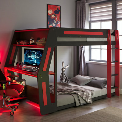 Lit superposé double pleine grandeur, bureau RVB latéral avec ports USB, conception de lit superposé, inspiré des sports électroniques, chambre d'ado