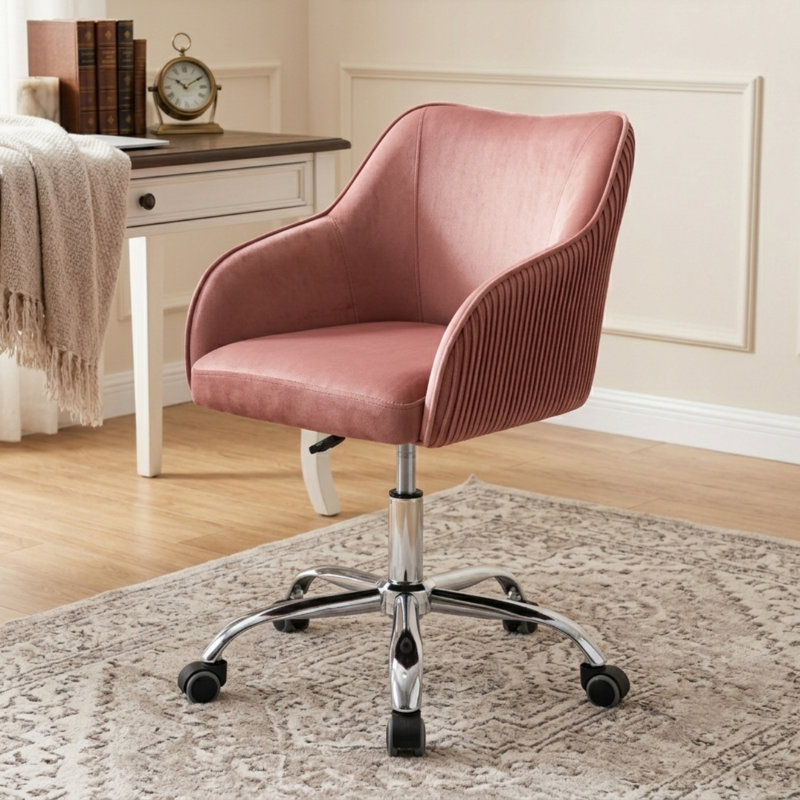 Kinzie Epinine Velvet Upholstered Swivel & Adjustable-Height Task Chair with Chrome Metal Base, Pink 
