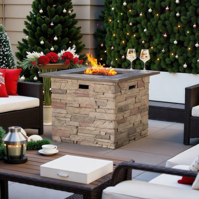 32-inch Square Stone Fire Pit with Propane Tank Storage - 40,000 BTU Outdoor Fireplace, No Assembly, Durable Concrete Design