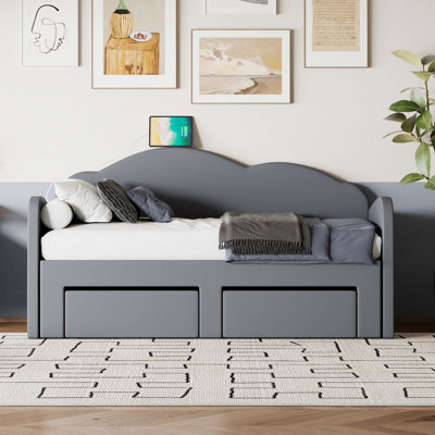 Lit de jour simple rembourré avec dossier en forme de nuage, lit gigogne et 2 tiroirs et ports USB