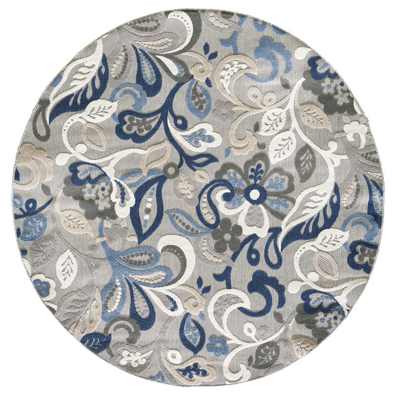 Blue Grey Jacobean Floral Indoor Outdoor Area Rug, Round 8'