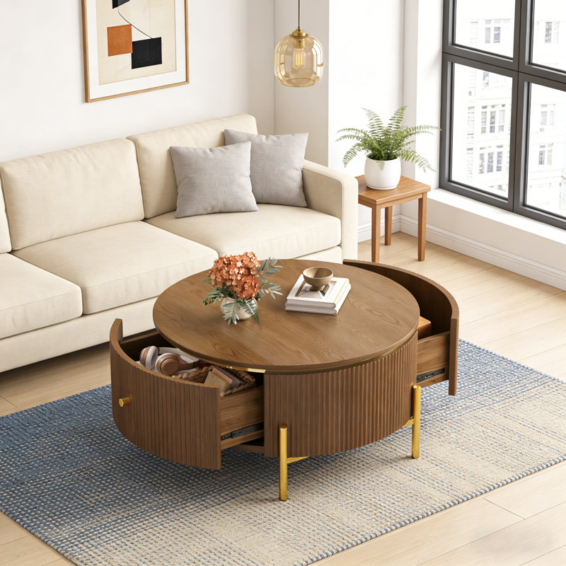 Table basse ronde avec 2 grands tiroirs de rangement