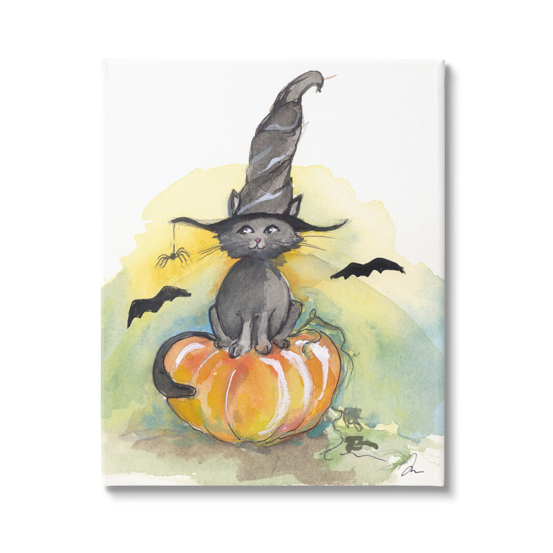 «Witch Cat on Pumpkin», art mural sur toile par Jessica Mingo, H 20 po x l 16 po x P 1,5 po