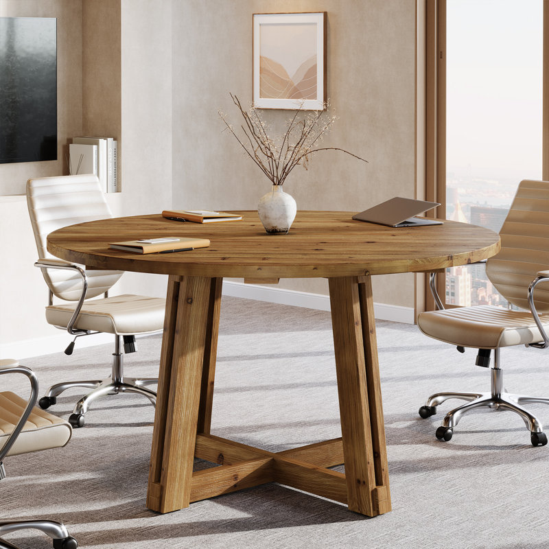 Table de réunion 47 po en bois massif pour 4 à 6 personnes, table de réunion ronde avec base croisée