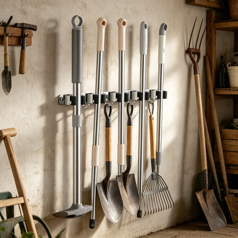 Support mural pour balai et vadrouille robuste avec 5 supports et 4 crochets, organisateur d'outils en acier inoxydable pour le garage, la salle de lavage, la cuisine et le jardin