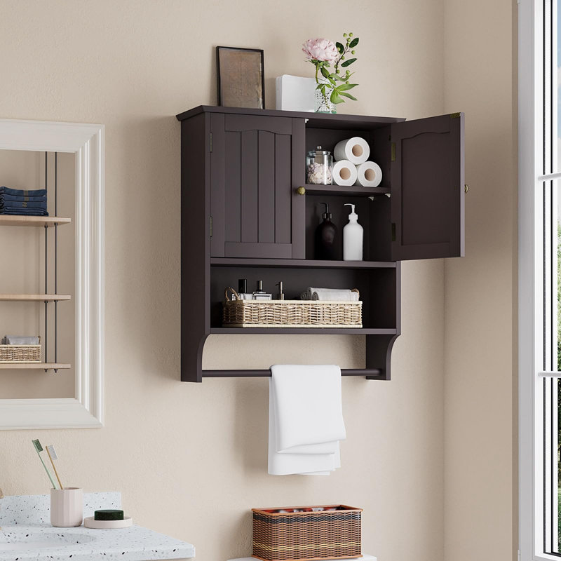 Brown MDF Wall Mounted Bathroom Cabinet with Adjustable Shelves and Towel Bar