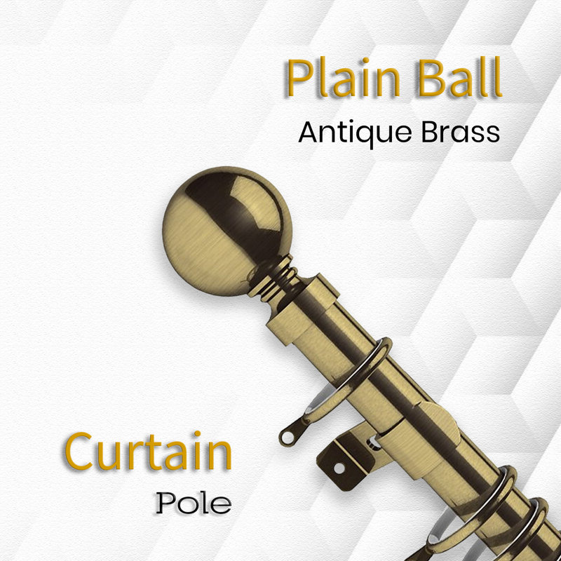 Extendable Metal Curtain Pole - Adjustable Plain Metal Rod with Finials & Brackets for Eyelet/Tab-Top Curtains, Antique Brass
