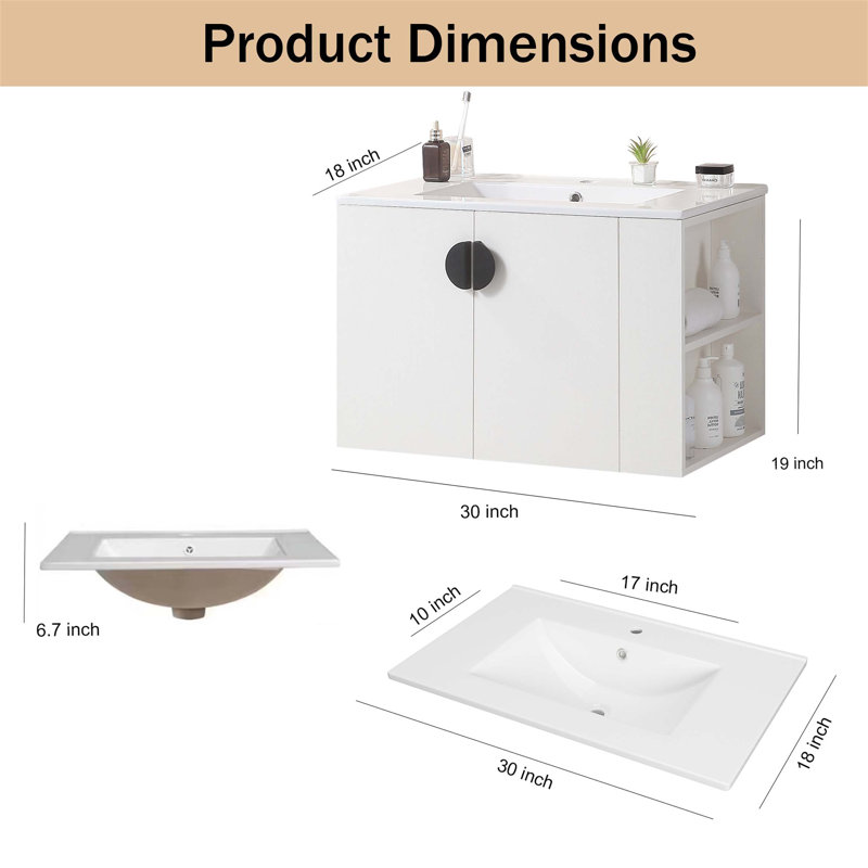 Meuble-lavabo simple 29,90 po avec plateau en céramique Gaudentas, Blanc