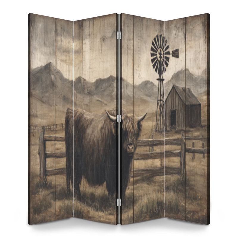 Paravent rustique à 4 panneaux pliables, motif vaches des Highlands royales paissant, en toile imitation bois vieilli, séparateur de pièce autoportant, cloison de protection pour plus d'intimité