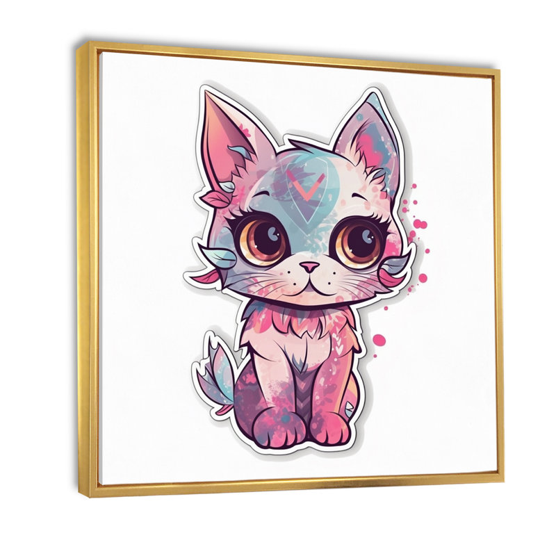 Illustration d'un chat chaton rose sur toile, H 24 po x l 24 po x P 1 po, Cadre flottant doré