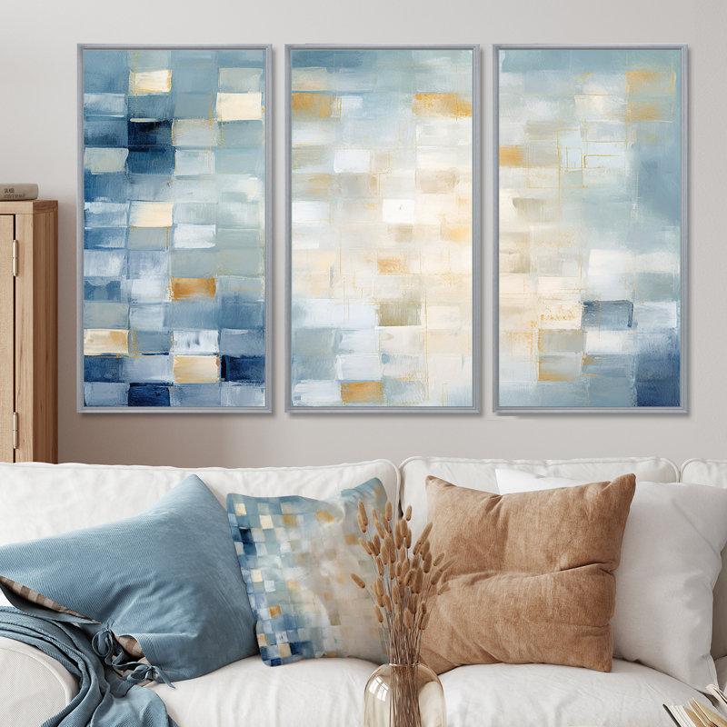 Carrés cubiques bleus apaisants - ensemble d'art mural abstrait, Encadrement argenté, H 40 po x l 60 po x P 1 po