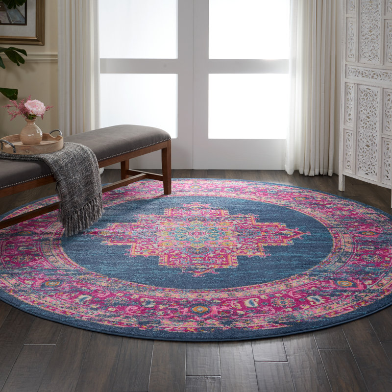 Abbate Oriental Navy Blue/Pink Area Rug, Round 8'