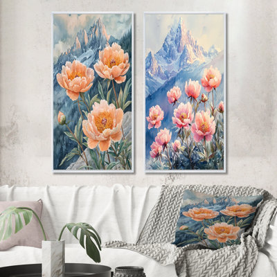 Pivoines et le sommet de la montagne I - Collection d'art mural floral 2 panneaux