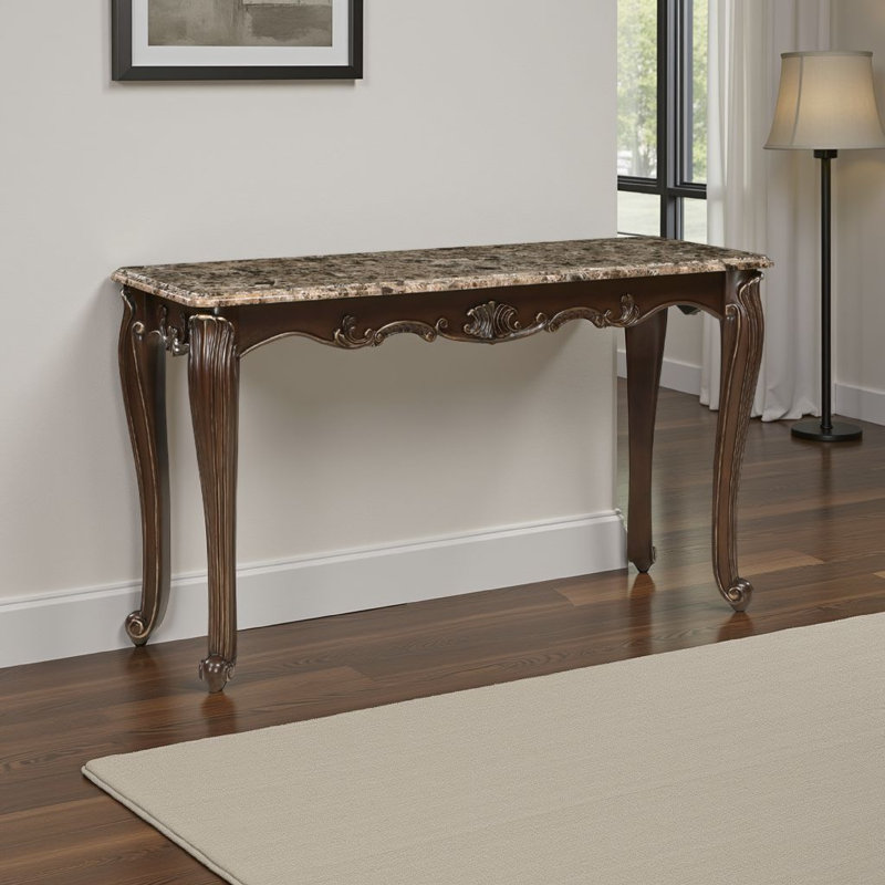 Console Hesar, marbre 53 po, bois brun cerisier, cabriole