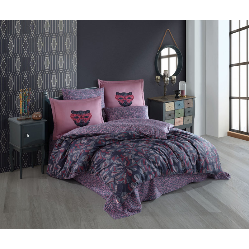 Ensemble de housse de couette double en satin de luxe, 100% coton, 79 po x 87 po | Comprend 4 taies d'oreiller (19,7 x 27,6 pouces), lavable à la machine, 210 fils | Élégant design rose, mauve, vert et bleu foncé pour un décor de chambre chic