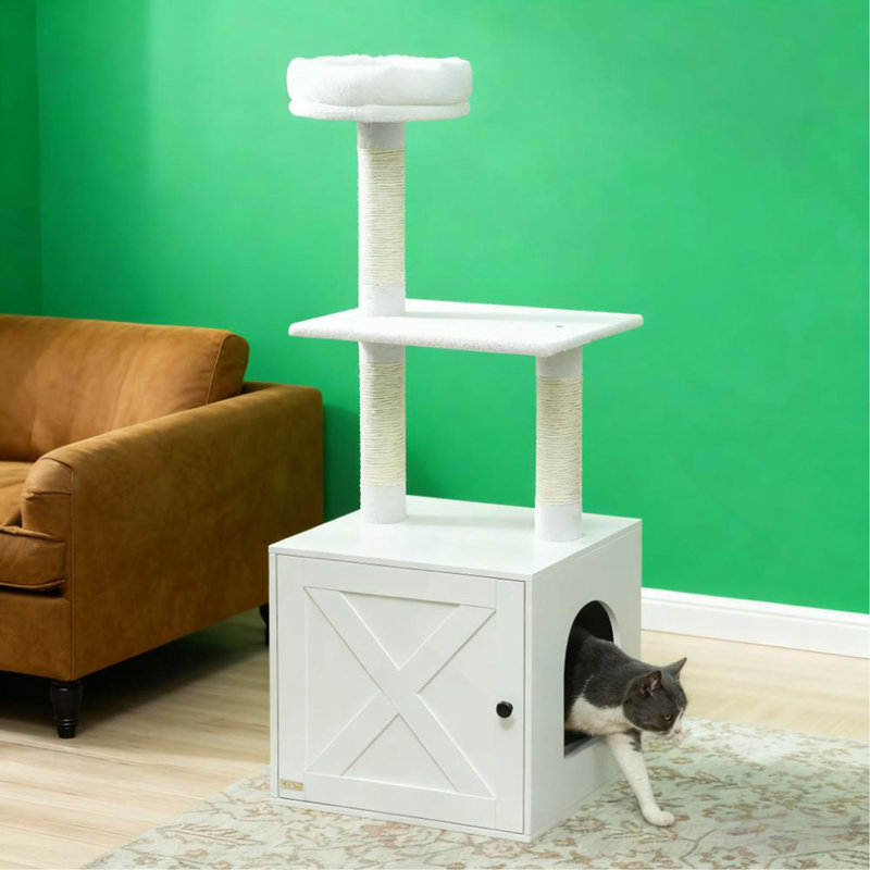 Arbre à chat blanc avec bac à litière