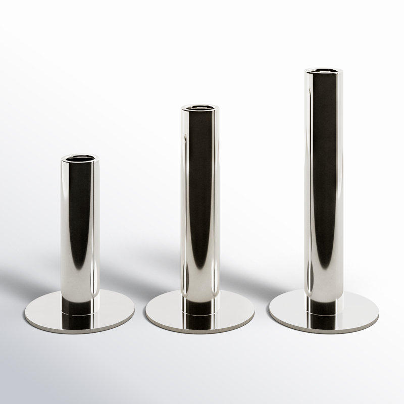 Kage 3 Piece Stainless Steel Tabletop Candlestick Set, Polished Silver