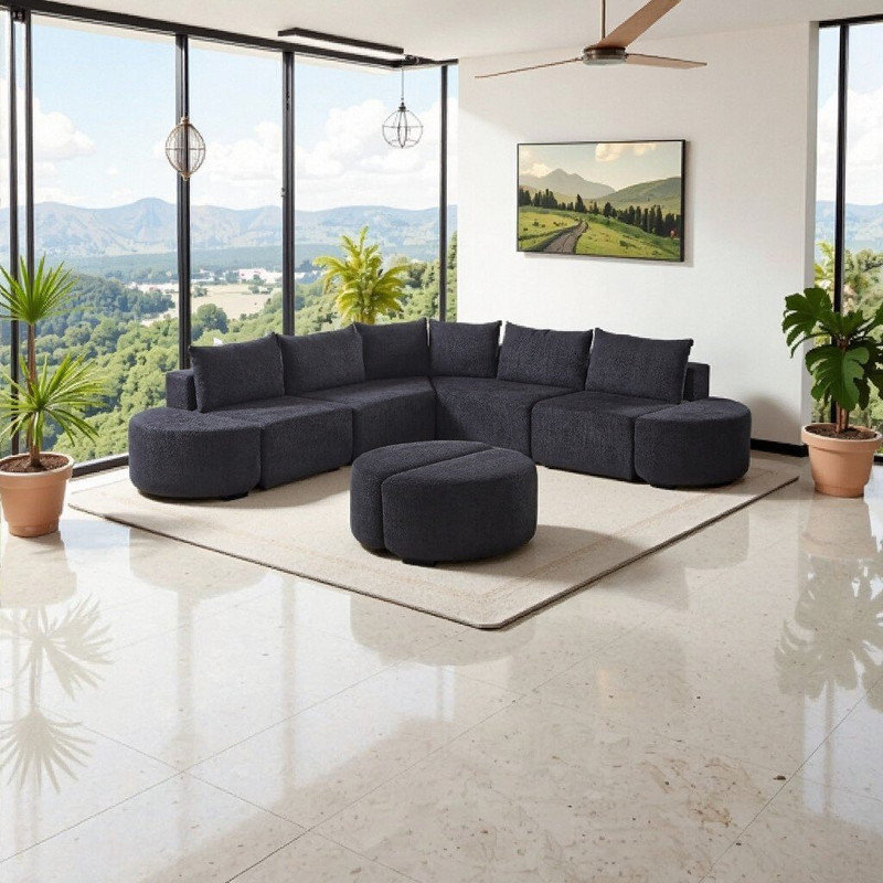 Canapé modulaire modulaire en chenille avec repose-pieds incurvé - Forme en V ou droite, aucun assemblage requis, Noir