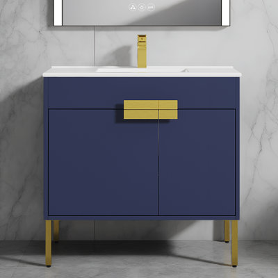 Meuble-lavabo simple autoportant 36 po avec lavabo en céramique Diannie - Armoire en bois, porte à fermeture en douceur, tablette réglable et pieds réglables