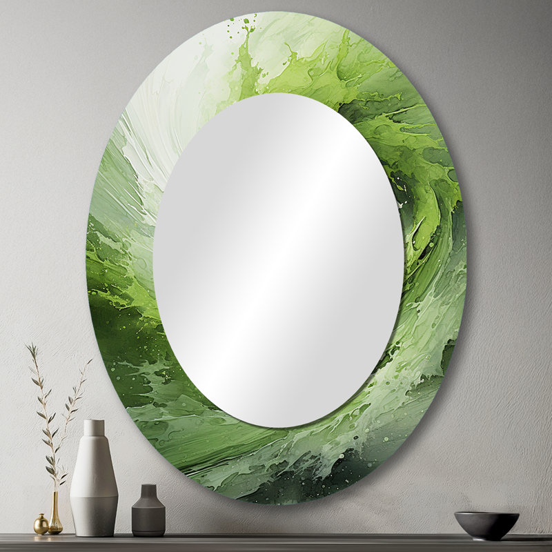 Green And White Whsipering Abstract Spiral III - Large Oval Wall Mirror On Metal, 43" x 33"