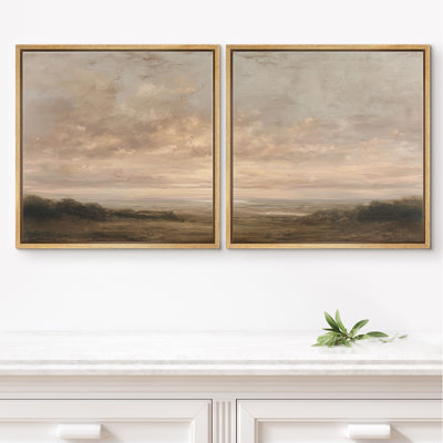 «Calm Neutral Sunset Cloudy Sky Landscape Decor», œuvre d'art encadrée pour chambre principale, 2 pièces
