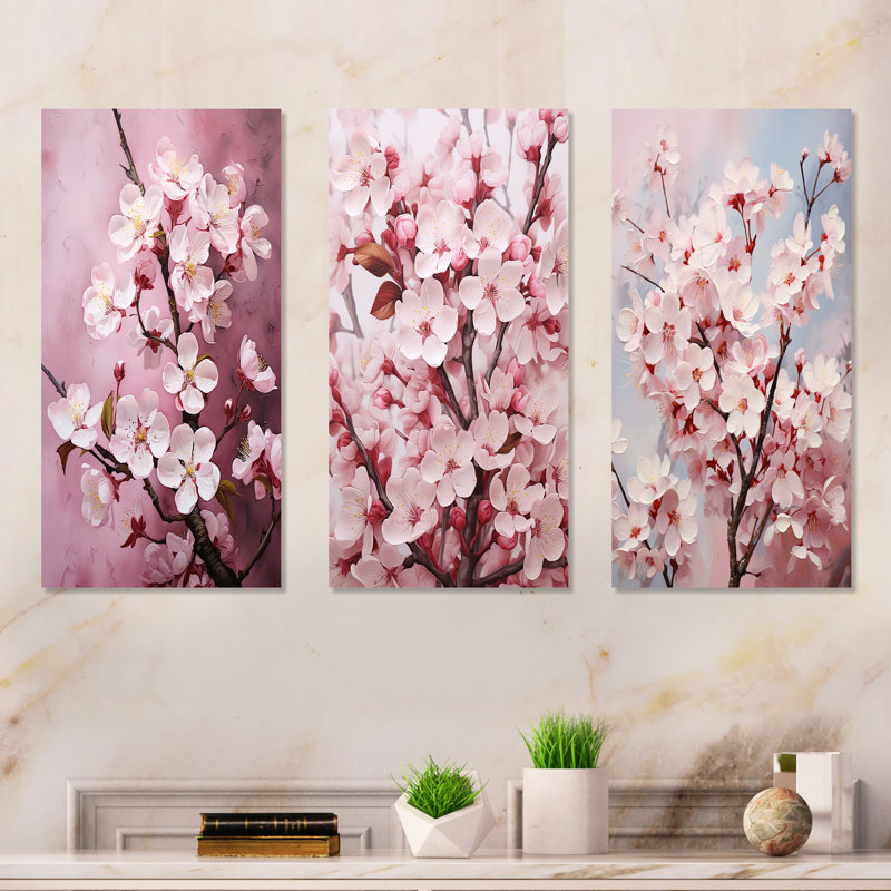 Goforth - Ensemble de 3 décorations murales cerisier en fleurs, H 28 po x l 36 po, Toile tendue