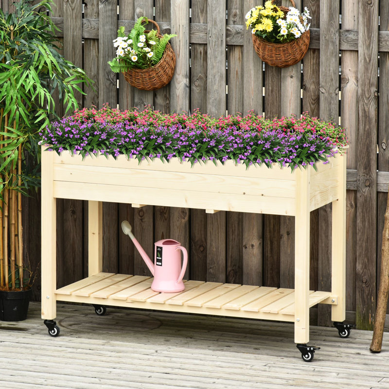 Jardinière surélevée en bois 47 po x 22 po 33 po - Lit surélevé avec roulettes verrouillables pour patio, 2 tablettes de rangement pour la cour arrière
