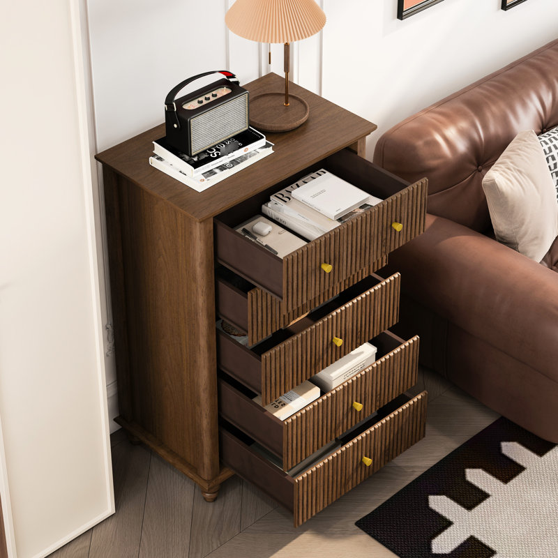 45 Inch Tall Modern 5 Drawer Fluted Chest Of Drawers, Metal - Handled Walnut Wooden Dresser For Bedroom Dresser, Hallway And