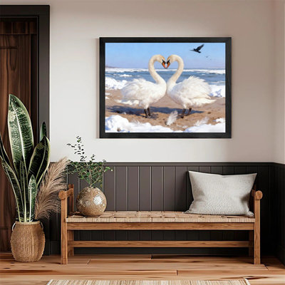 Reproduction encadrée noire, art de plage en forme de cygne, impression romantique de la faune côtière enneigée