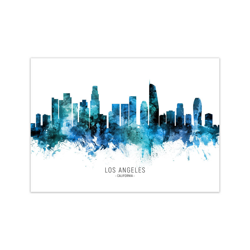 Los Angeles California Skyline Blue City Name by Michael Tompsett - Print, Unframed, 21cm H x 30cm W x 1cm D