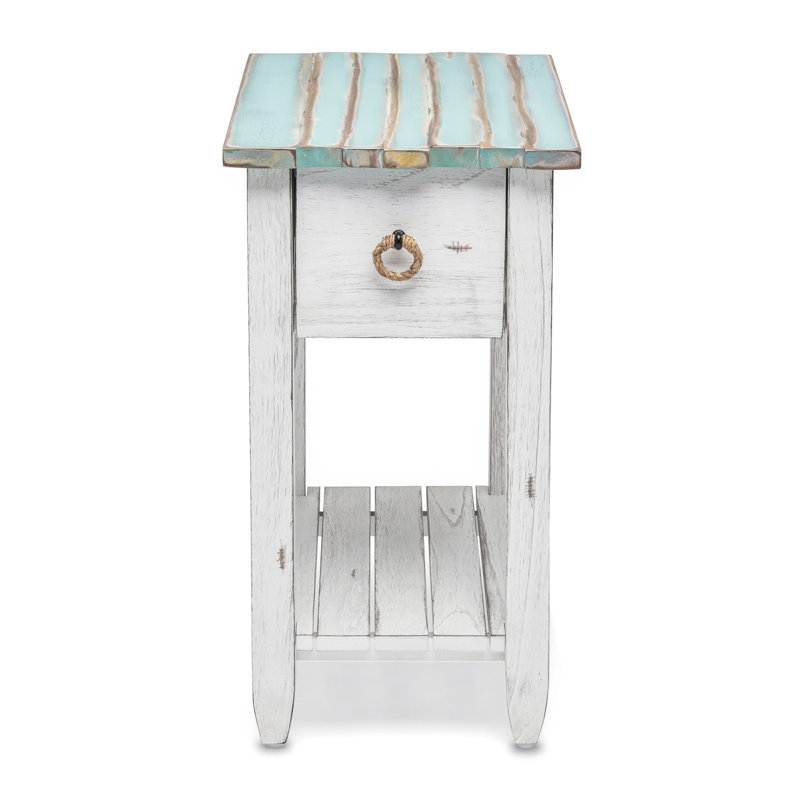Delaplaine Coastal Solid Wood End Table with Storage, Blue/White