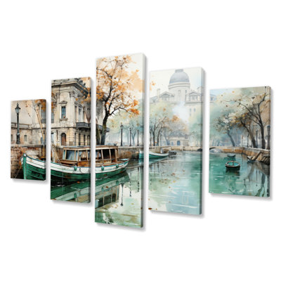 «Paris Canal Saintmartin Reflections I - Cityscapes, art mural sur toile - 5 panneaux