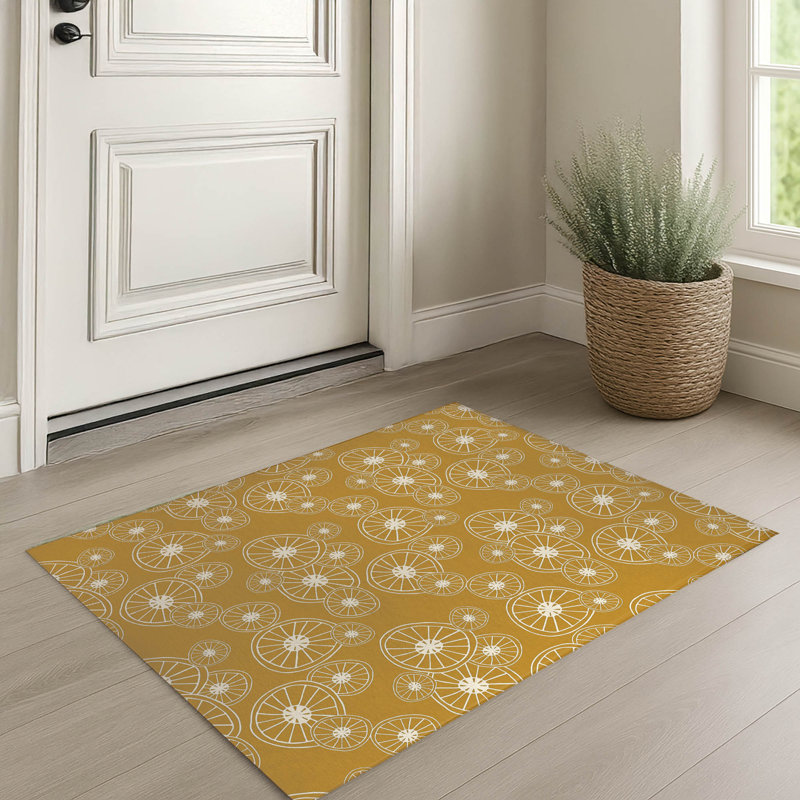 Tapis d'entrée intérieur ultra mince, léger et antidérapant à motif de roue à rayons, Ocre doré, L 60 po x L 84 po