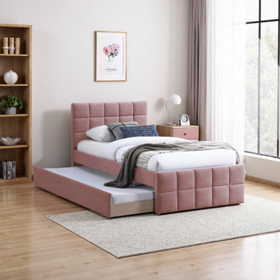 Contemporary Light Pink Full Size Linen Upholstered Bed with Trundle & Grid Stitched Headboard