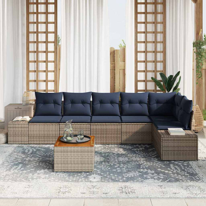 vidaXL Garden Sofa Set with Cushion 7 pcs Grey Poly Rattan, Navy Blue Cushion/Grey Frame