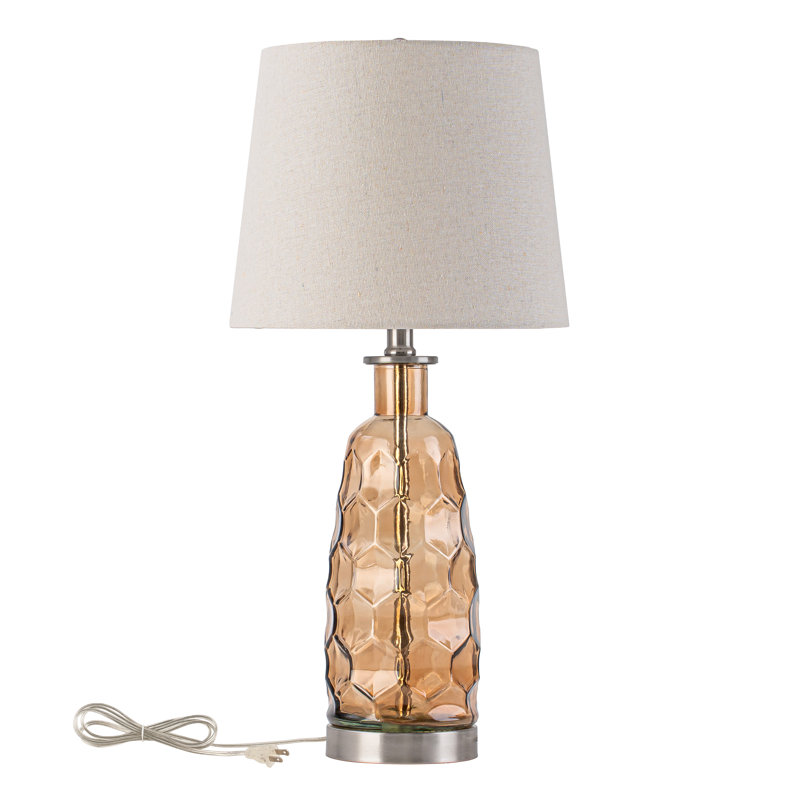 Lampe de table 23,5 po en verre brun avec base texturée et abat-jour en lin, Brown