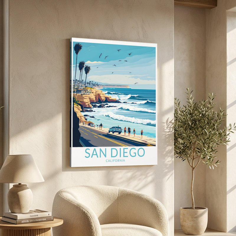 Affiche rétro, «Beach Scene with Palm Trees», impression sur toile