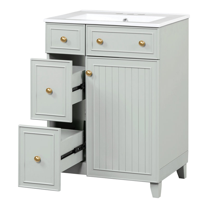 Armoire de meuble-lavabo 24 po avec lavabo en céramique, 2 tiroirs, 1 porte, Vert, Doré